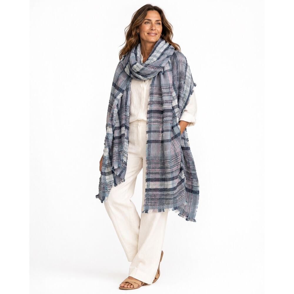 Chico's Plaid Fringe Wrap Scarf Gray Blue Multicolor Woven Cotton 71"